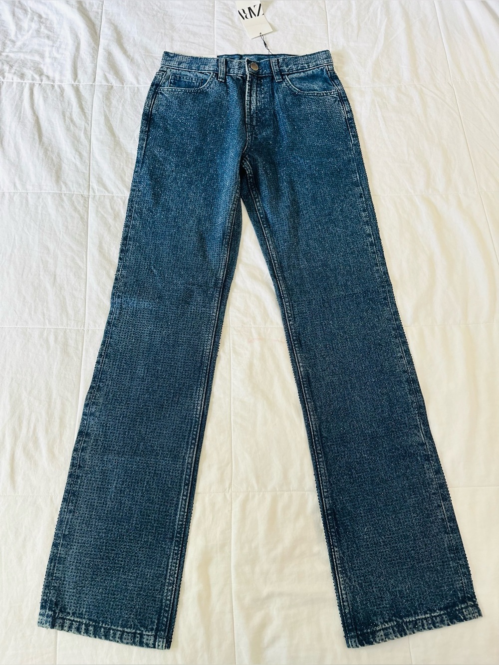 NEW ZW Collection Zara High Waisted Rhinestone Denim Bootcut Jeans 27 4